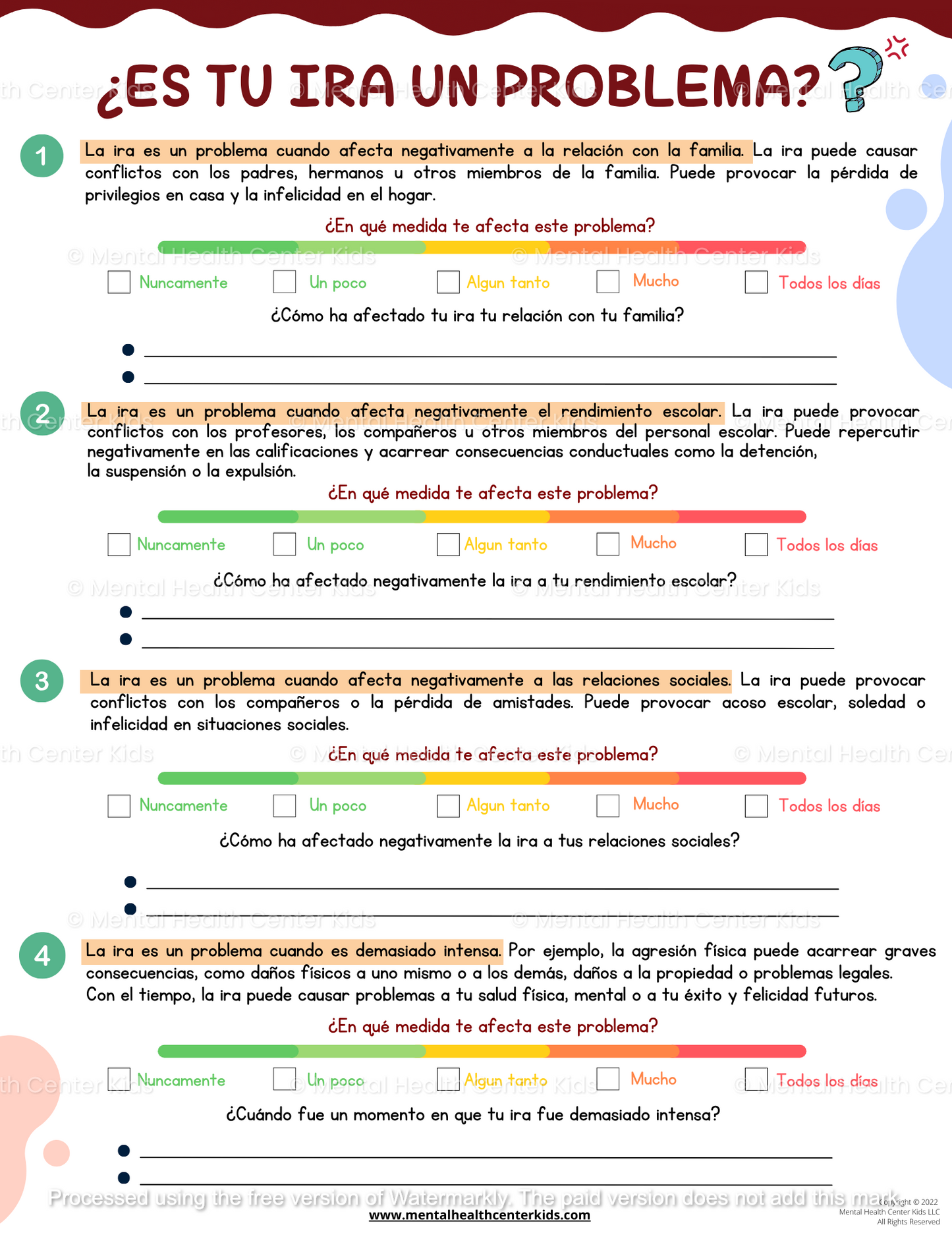 "Is Your Anger A Problem?" Worksheet (Spanish Version)