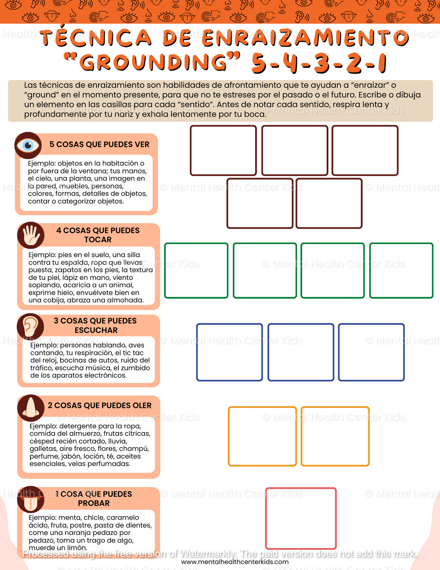 5-4-3-2-1 Grounding Technique Worksheet (Spanish Version)